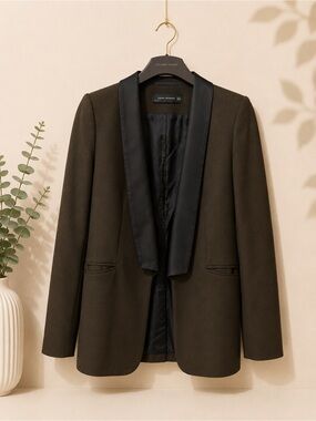 Zara Olive Green Blazer with Black Satin Lapel